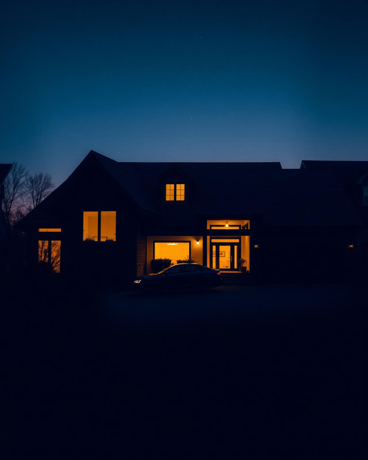 Warmly lit family home at dusk